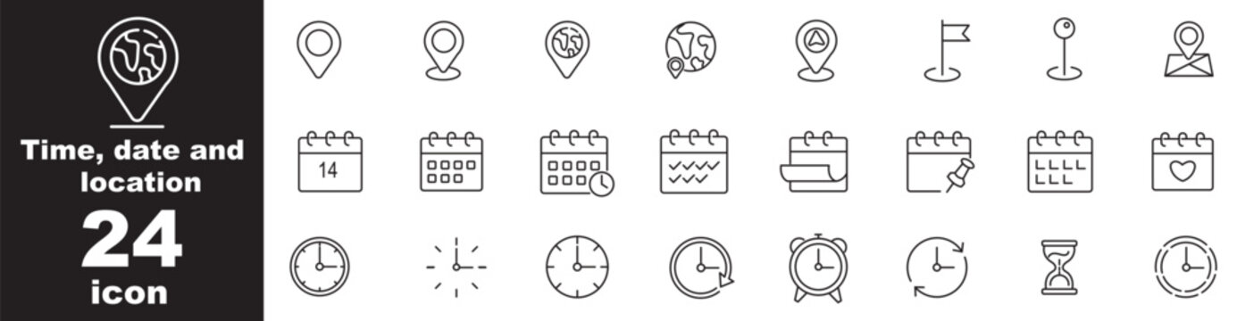 Time, date and address line icons set. calendar, clock, gps point, flag point, globe point Containing hourglass, pin, stopwatch. Editable stroke for mobile and web. Isolated on white background.