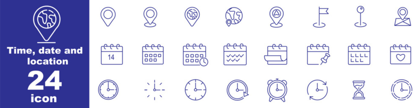 Time, date and address line icons set. calendar, clock, gps point, flag point, globe point Containing hourglass, pin, stopwatch. Editable stroke for mobile and web. Isolated on white background.