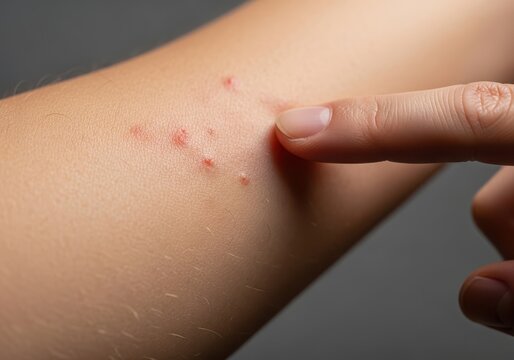 Arm with red rashes, pimples, and a finger pointing at the affected skin.