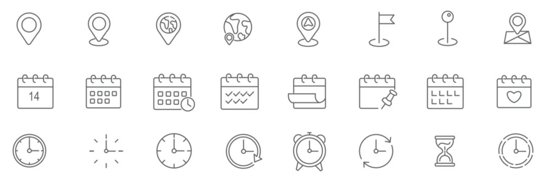Modern Time and Location Line Icon Set &ndash; Calendar, Clock, Map Pin, Schedule, Reminder Vector Collection