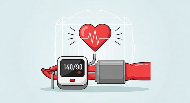 Blood pressure monitor with inflated cuff and healthy heart rate on screen showing 14090 mmhg