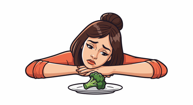 Woman with bored expression looking at a single floret of broccoli