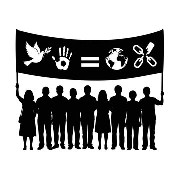 People holding peace signs banner together.