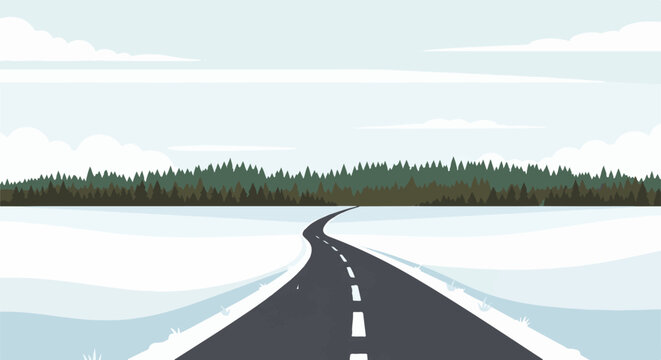 Winding winter road through snow-covered landscape towards a forest