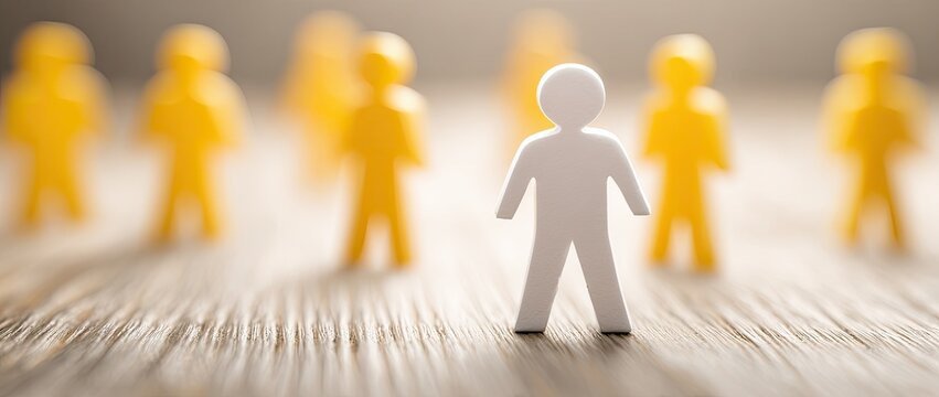 A lone white figure stands out against a blurred background of yellow figures