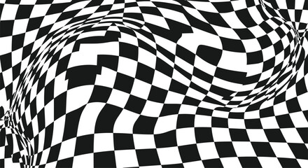 Obraz premium Striking black and white abstract background with a distorted and warped checkerboard pattern, creating a powerful optical illusion effect.