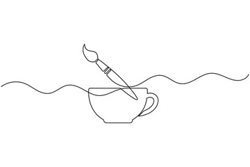 Obraz premium Coffee cup with paint brush continuous one line drawing minimalist cafe mug outline vector illustration