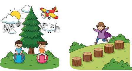 Obraz premium Happy Children Outdoor Play Set with Balance Ball, Tree Music Scene, Airplane, and Jumping on Wooden Stumps Cartoon Vector Illustration