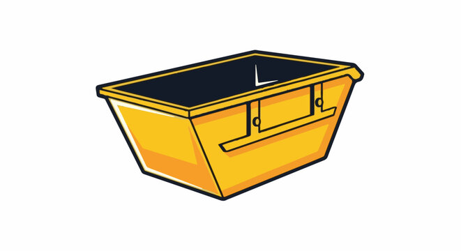 Yellow skip bin with dark interior, isolated on white