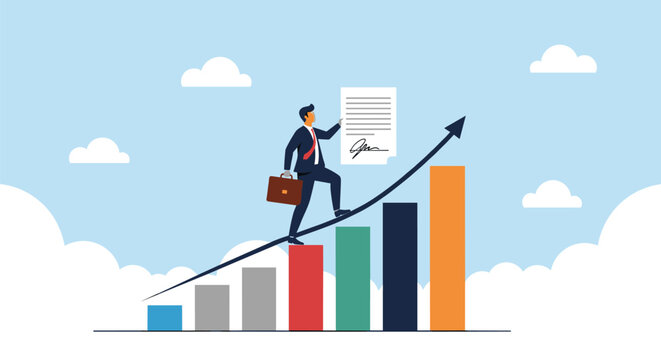 Motivated businessman in a formal suit climbing a bar graph toward the top while holding a signed legal contract.