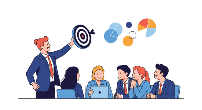 Dynamic business professional showing a target board to a team during a meeting with colorful data charts behind.