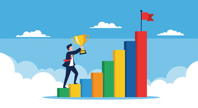 Triumphant businessman in a suit climbing a colorful bar graph while holding a golden trophy to reach a red flag.