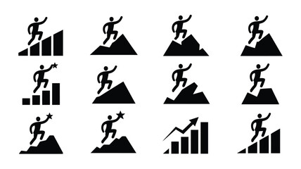 Obraz premium Business growth and success concept with silhouette icons of people climbing graphs and mountains