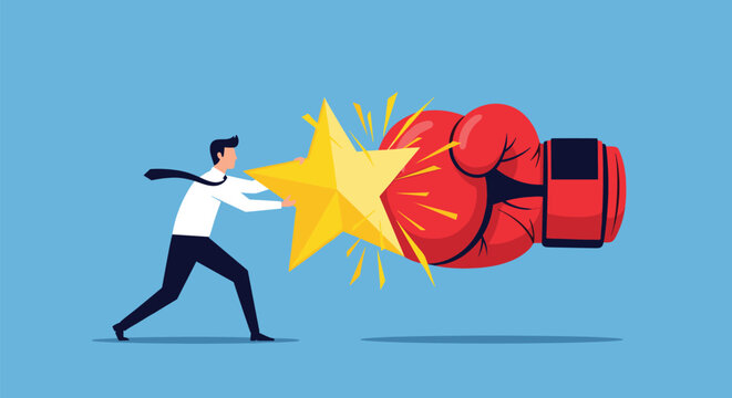Courageous businessman using a large golden star to push back against a giant red boxing glove representing overcoming competition.