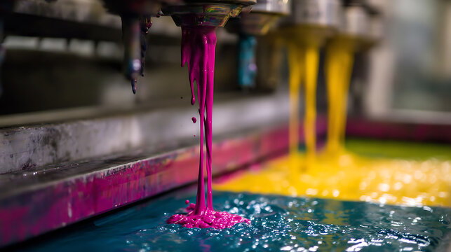 Vibrant magenta and yellow inks flow from industrial print heads onto a textile, illustrating a dynamic process of color application and creativity in a factory setting