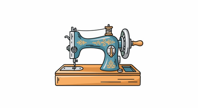 Vintage sewing machine with decorative blue body and wooden base