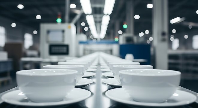 A line of white teacups on saucers move down an assembly line. Factory setting