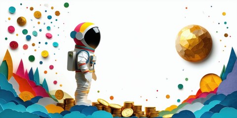 Fototapeta premium Astronaut stands amid colorful paper mountains, coins, clouds. Bright, whimsical scene evokes exploration, finance, dreams.