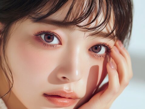 ピンクのアイシャドウと潤んだ瞳が印象的なメイクを施した女性の顔のアップ写真