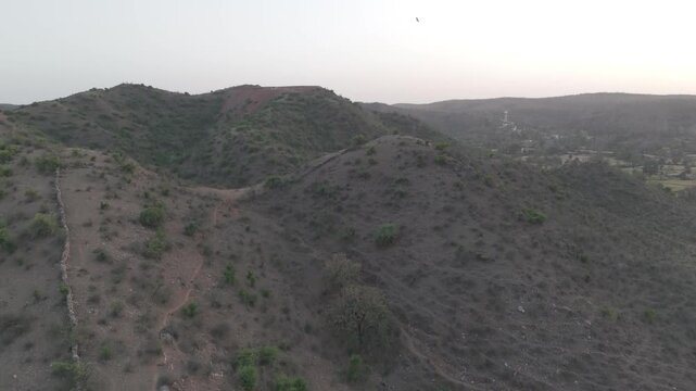 Aerial view of the Aravalli hills near Udaipur, Rajasthan during spring evening, showing rugged terrain with native trees like palash, semal, and rohida across the landscape.