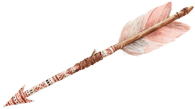 Decorative arrow with pink feathers and tribal patterns on wooden shaft white brown