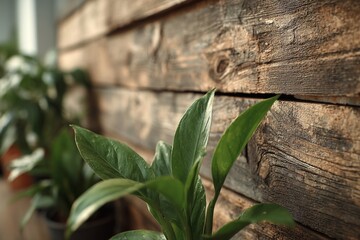 Obraz premium A cozy indoor nook is filled with lush foliage, while wooden panels create a natural setting for a variety of plant species soaking up soft light