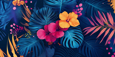 Naklejka premium Tropical leaves with vibrant hibiscus flowers on a dark blue background with colorful abstract splashes