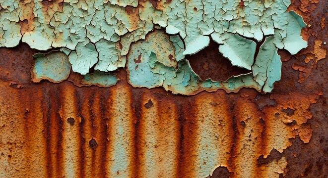Close-up of Peeling Teal Paint on Rusty Metal Surface.