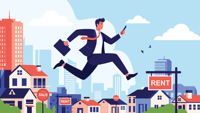 Energetic businessman jumps high over a neighborhood of houses featuring for sale and for rent signs while holding his briefcase and smartphone.