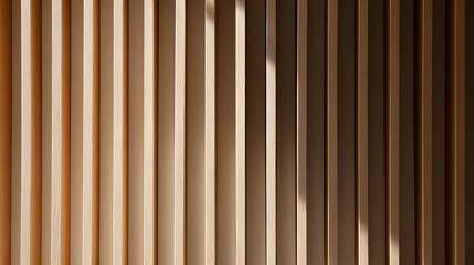 Obraz premium Abstract wooden slat wall with vertical lines and natural sunlight creating shadow patterns, showcasing texture and modern design architecture