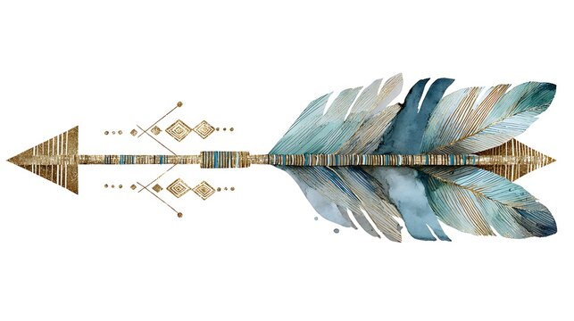 Blue and gold feathered arrow with decorative on white background feathers