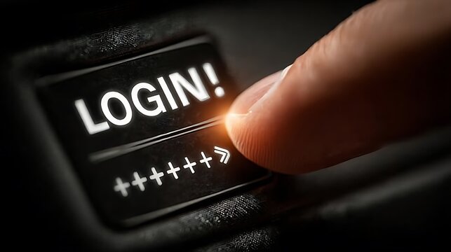 Close up of finger typing secure password on login screen with glowing button