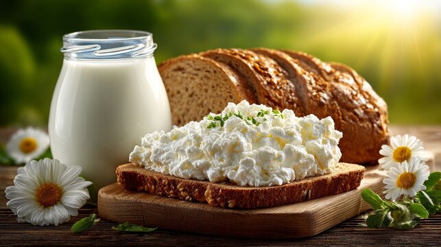 A farmhouse table, bathed in morning light and surrounded by flowers, holds fresh butter cottage, milk, and bread for breakfast