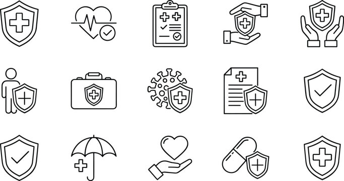 Health insurance and medical protection vector icon collection featuring healthcare security shields virus defense medical records and life safety symbols.