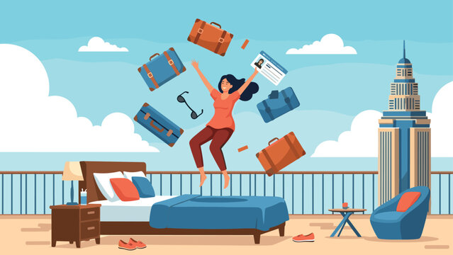Joyful woman jumping on a bed while several suitcases and travel accessories float in the air of a sunny cruise ship balcony room.