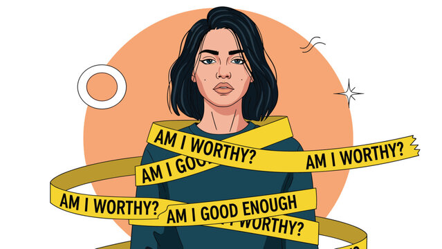 Serious woman wrapped in yellow caution tape with questioning text phrases about self-worth and adequacy against a circular background.