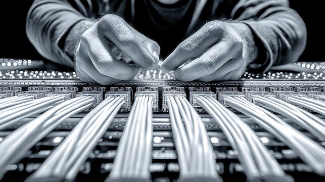 Close up of hands bundling network cables on a patch panel cable management