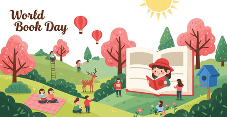 Obraz premium World Book Day Celebration with Children Reading in Park, Open Storybook, Spring Trees, Deer, and Educational Nature Scene Vector Illustration