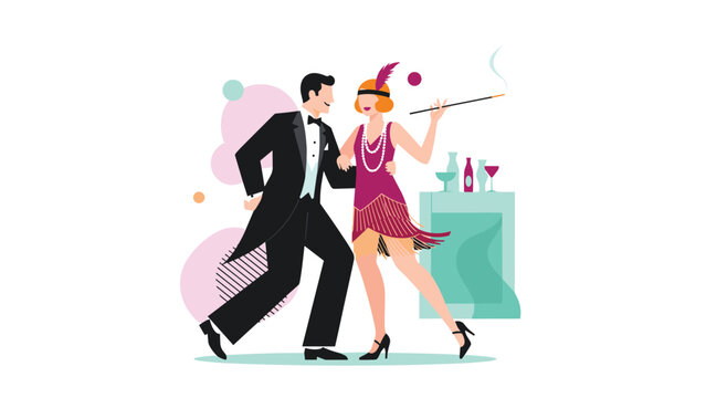Stylish couple in glamorous 1920s flapper and tuxedo outfits dancing joyfully at a party with cocktails and music.