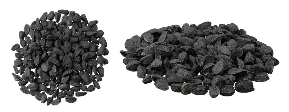 Nigella sativa or Black cumin isolated on white background. Top view. Flat lay