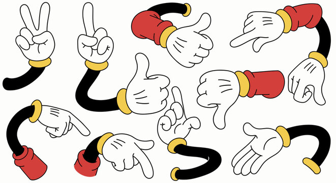 Collection of classic cartoon gloved hands demonstrating various gestures including peace sign, thumbs up, pointing, and thumbs down on an isolated white background.