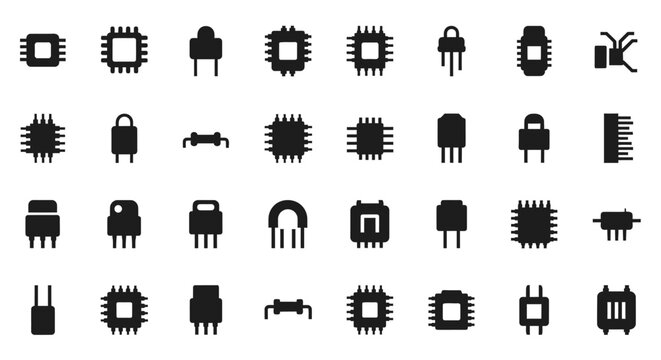 Electronic Chip and Circuit Board Components Icon Set on isolated white background