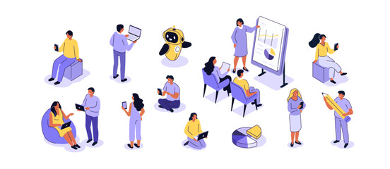 Fototapeta premium People in office set. Characters doing various business activities, using laptop, smartphone, integrating with ai robot. Vector isometric illustration.