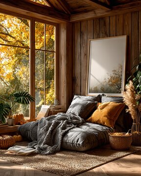 Rustic furniture displayed in a cozy country barn interior mockup