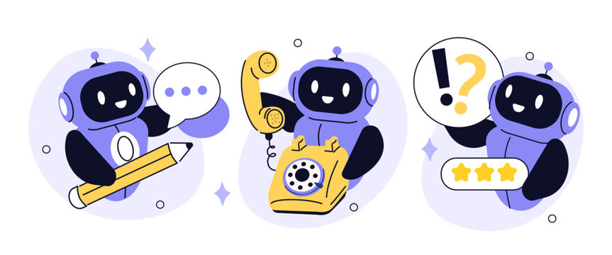 Ai customer support with robot operator character. Hotline, chatbot, helpdesk service vector illustration.
