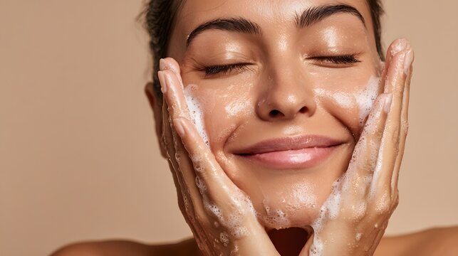 Closeup of a woman washing her face with a foamy cleanser, eyes closed in a calm expression. Soft lighting, warm tones, freshness and gentle skincare