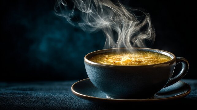 Steam rises from the hot soup in a brown bowl set on a dark wooden background