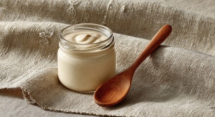 Fototapeta premium Glass jar containing white yogurt, wooden spoon set upon a folded cloth