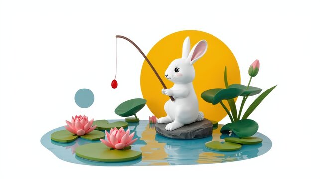 a white rabbit fishing on a pond with lily pads