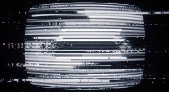 A distorted television screen displays static with horizontal white and black bars on a dark background.